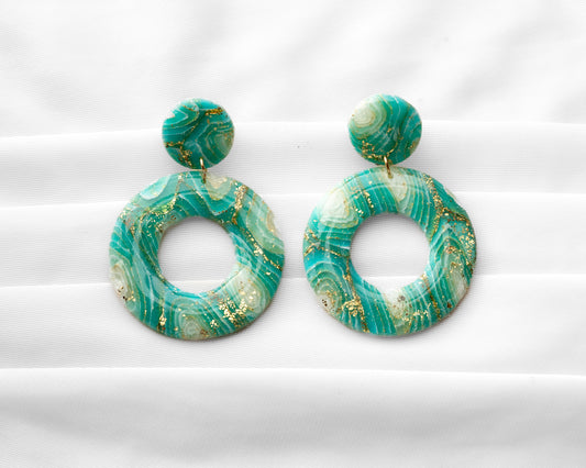 Aros calados circulares arcilla polimérica verde turquesa pan de oro vetas ágata hechos a mano Santiago Chile