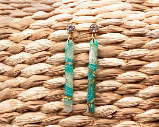 aros colgantes barra arcilla polimerica turquesa pan de oro cristal hechos a mano Santiago Chile